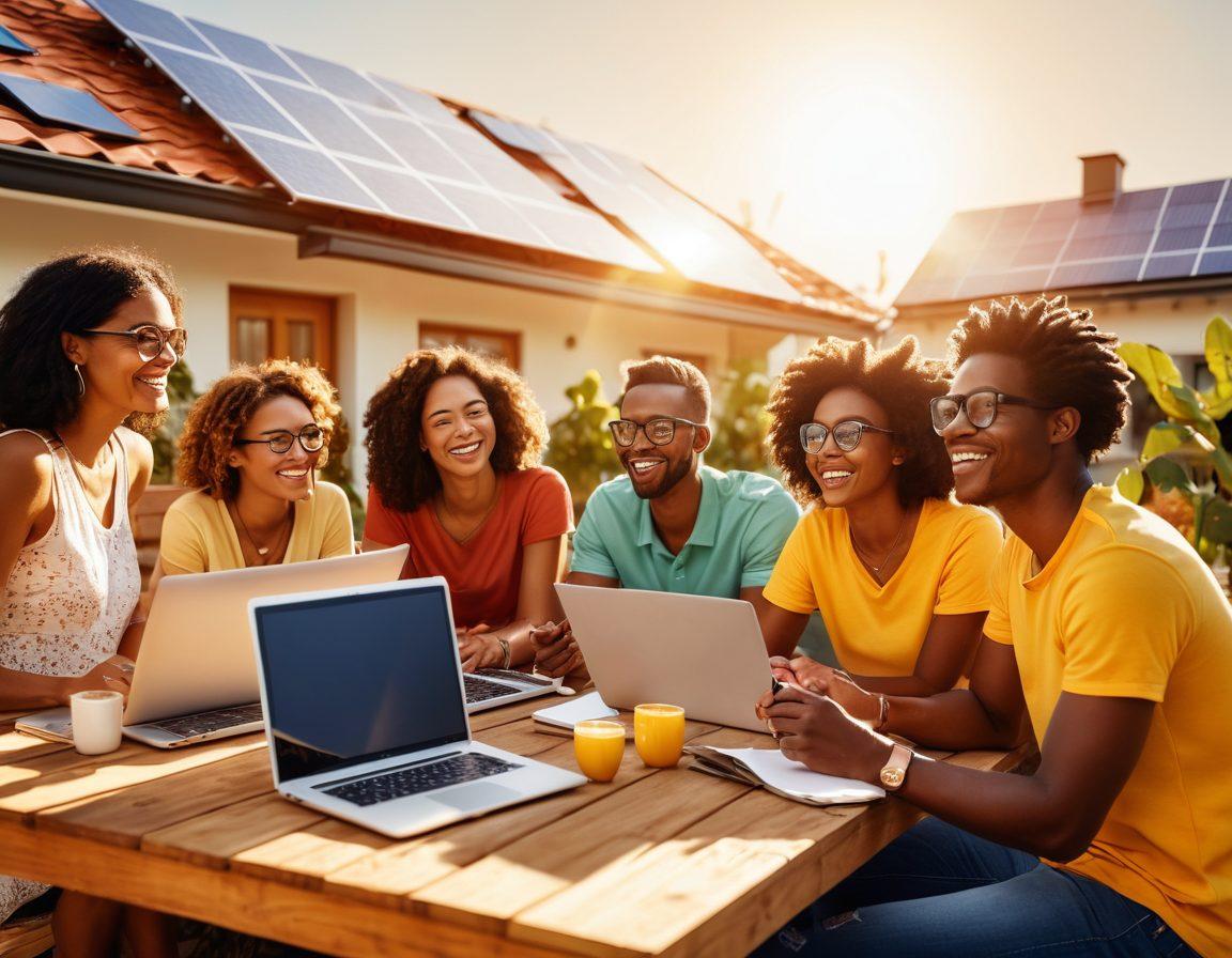 A vibrant illustration of a diverse group of people engaging in a solar blogging community, gathered around laptops in a sunny environment with solar panels visible in the background. Include elements like light bulbs and sun motifs symbolizing ideas and energy, with warm, welcoming colors to convey a sense of connection and collaboration. super-realistic. vibrant colors. outdoor setting.
