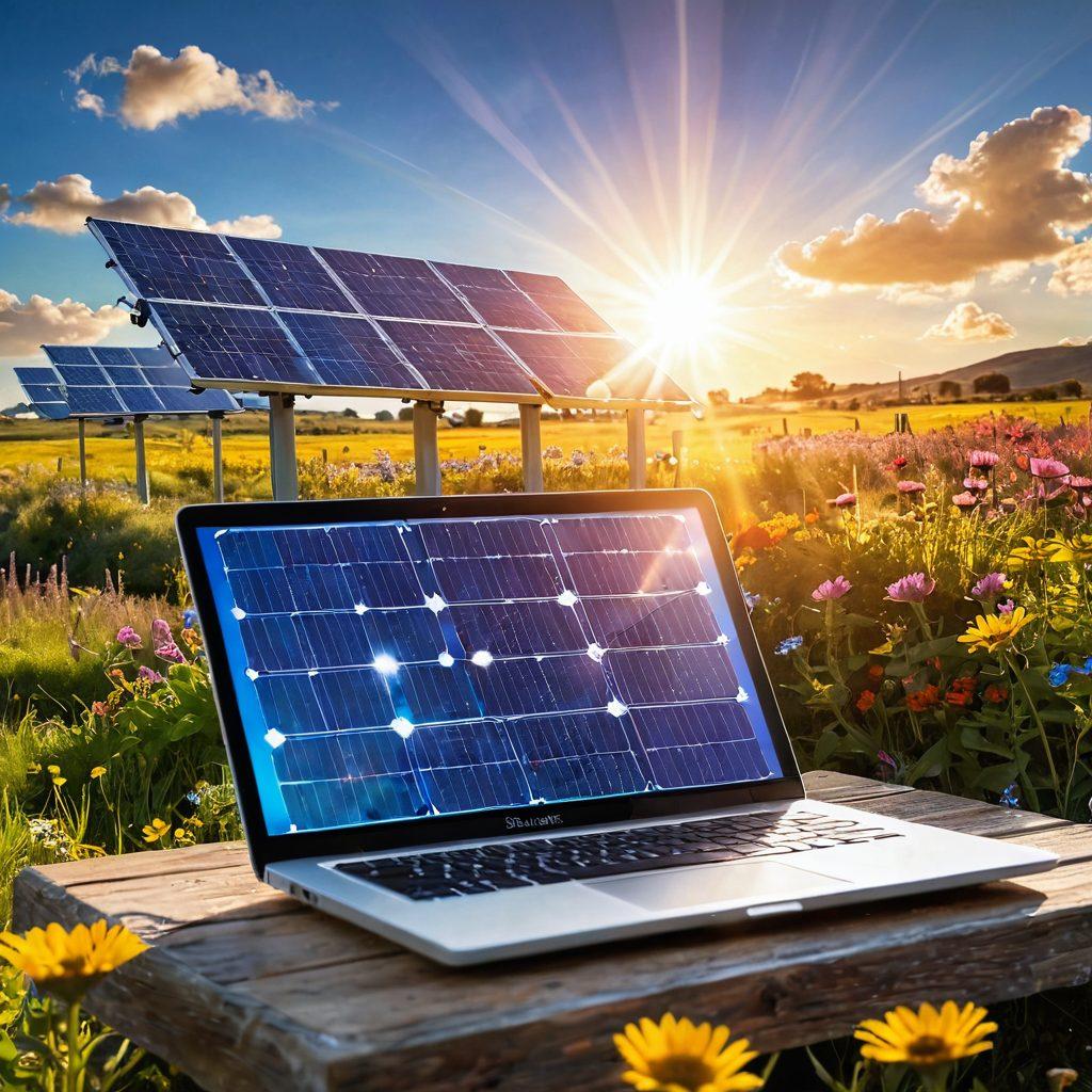 A sun-drenched landscape featuring solar panels gleaming in the sunlight, surrounded by vibrant wildflowers and buzzing bees. In the foreground, an open laptop displays a colorful blog page about solar energy, with a bright sun icon illuminating the screen. The sky is a brilliant blue with fluffy clouds, symbolizing creativity and innovation. Artistic elements like rays of sunlight extending from the sun to symbolize the transmission of ideas and energy. vibrant colors. super-realistic.