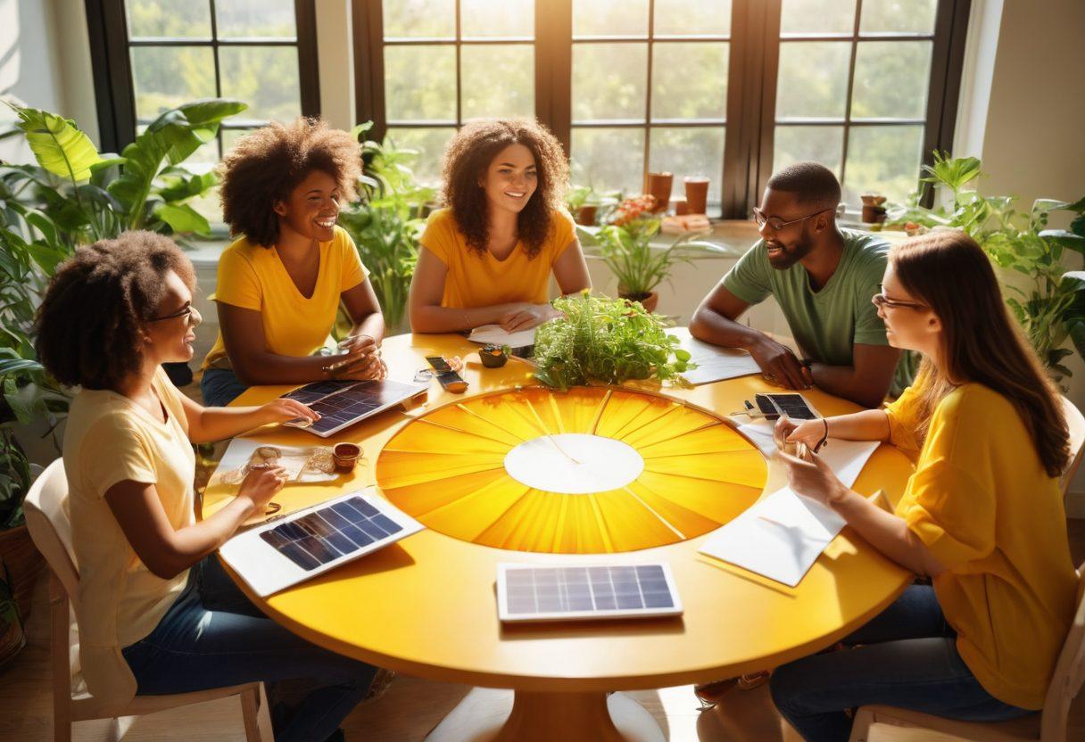 A bright sun radiating over a diverse group of content creators brainstorming around a table filled with solar-themed materials. Incorporate solar panels and digital devices showcasing solar content on screens. Add a warm yellow and orange color palette to symbolize energy and creativity. Include lush green plants around to represent sustainability. super-realistic. vibrant colors. circular composition.